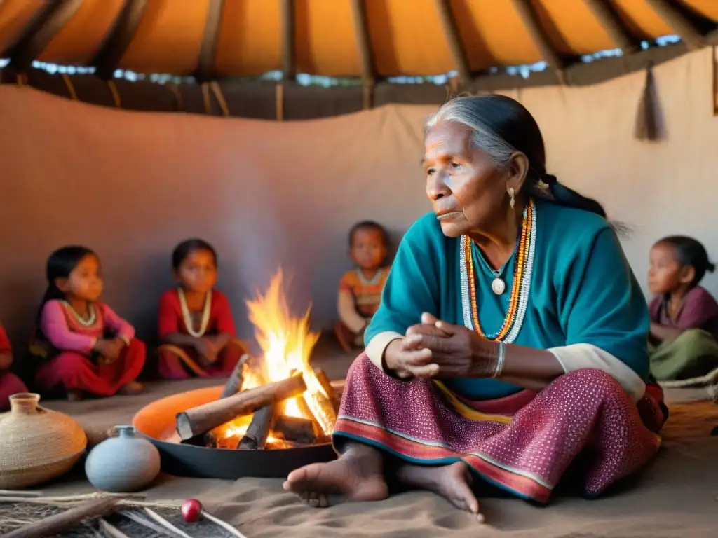 Abuela indígena cuenta historias a niños en cabaña iluminada por fuego