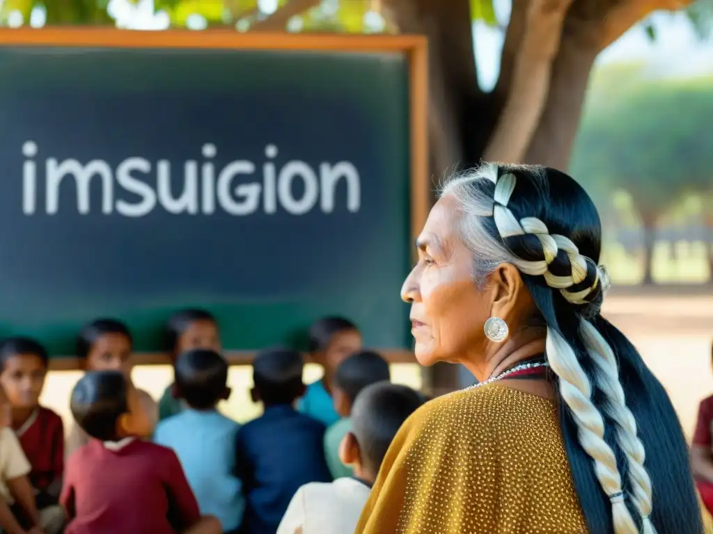 Abuela indígena comparte saberes tradicionales con niños en entorno rural, integración saberes tradicionales educación bilingüe