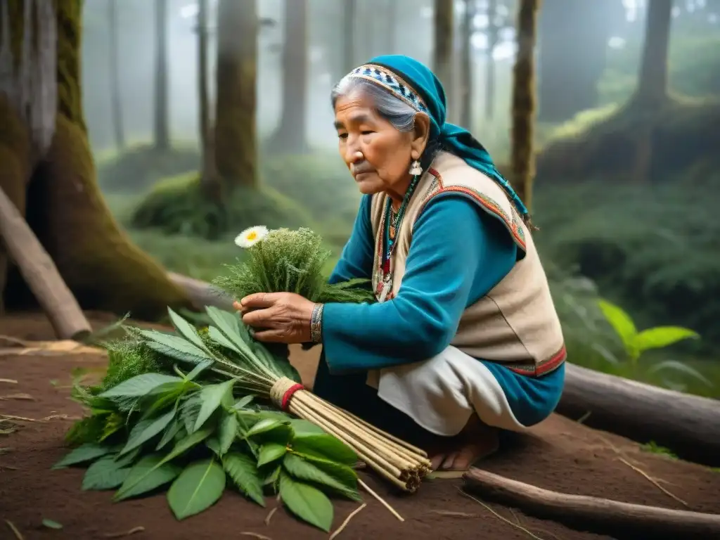 Abuela Mapuche seleccionando hierbas en bosque: Medicina herbal tradicional Mapuche