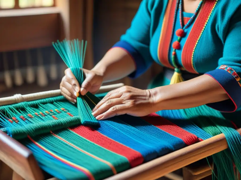 Tejiendo accesorios indígenas: manos de mujer Mapuche entrelazan hilos rojos, azules y verdes en un telar, símbolos de lucha y tradición