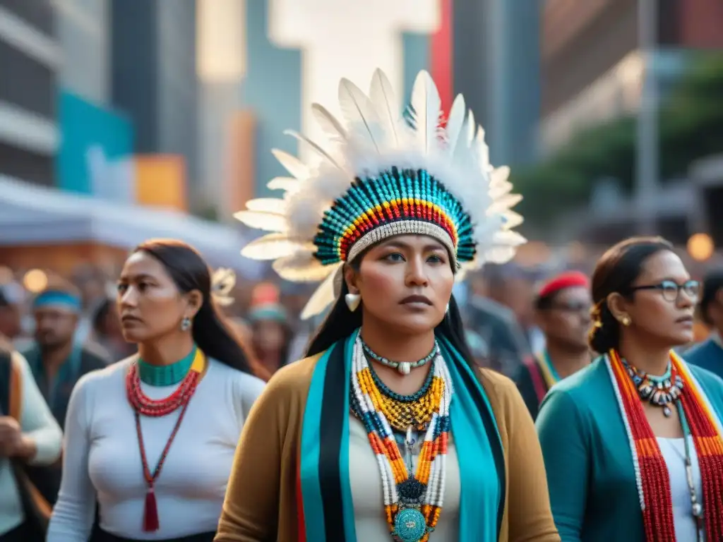 Accesorios indígenas como símbolos de lucha y resistencia en una marcha de protesta