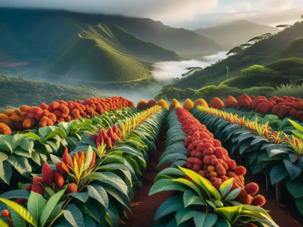 Plantación de achiote al atardecer con cosecha tradicional