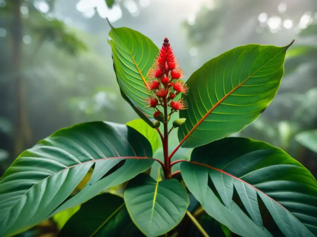 Un achiote vibrante en la selva con hojas en forma de corazón, frutos rojos y flores rosadas