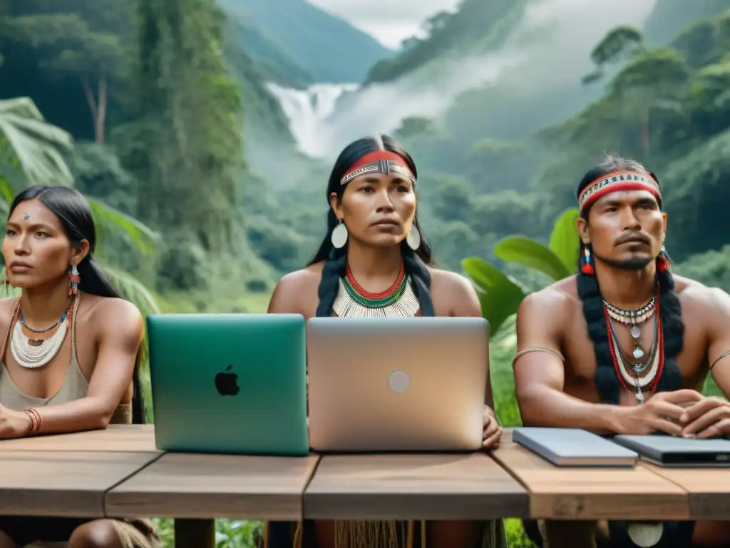 Activismo digital en comunidades indígenas: Activistas indígenas unidos en la selva, usando tecnología con determinación y unidad