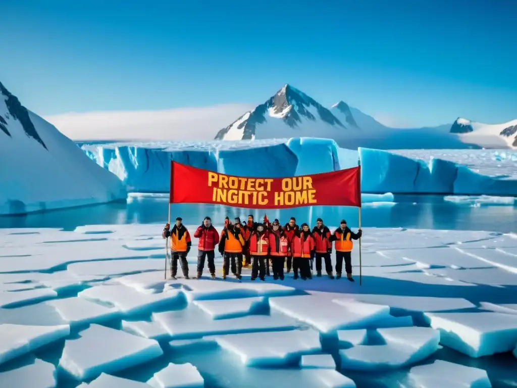 Activismo indígena en el Ártico: Grupo de activistas en un glaciar con letreros de protesta, vistiendo trajes tradicionales