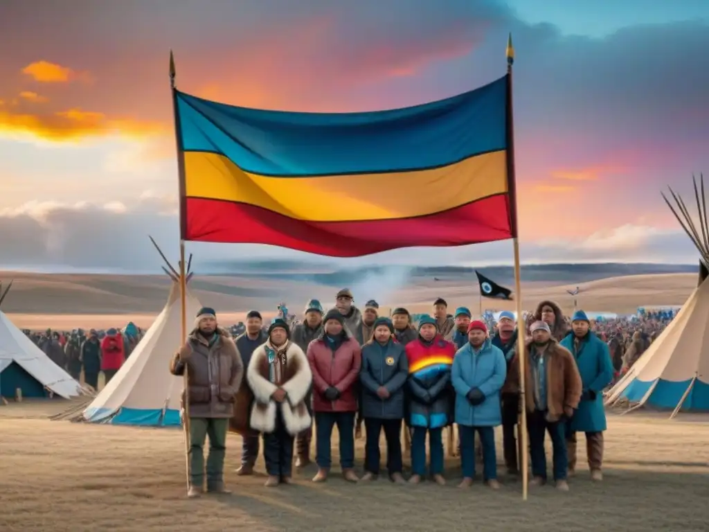 Activismo indígena en defensa del agua y la tierra sagrada en Standing Rock al atardecer, resistiendo juntos contra proyectos extractivos