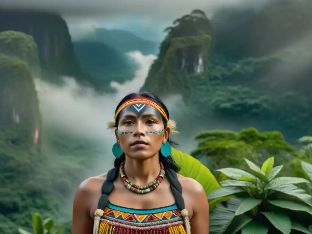 Un activista indígena de las Américas, con atuendo tradicional colorido, muestra determinación y fuerza en la selva