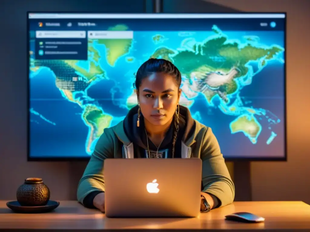 Activista indígena protegiendo su ciberseguridad con herramientas digitales