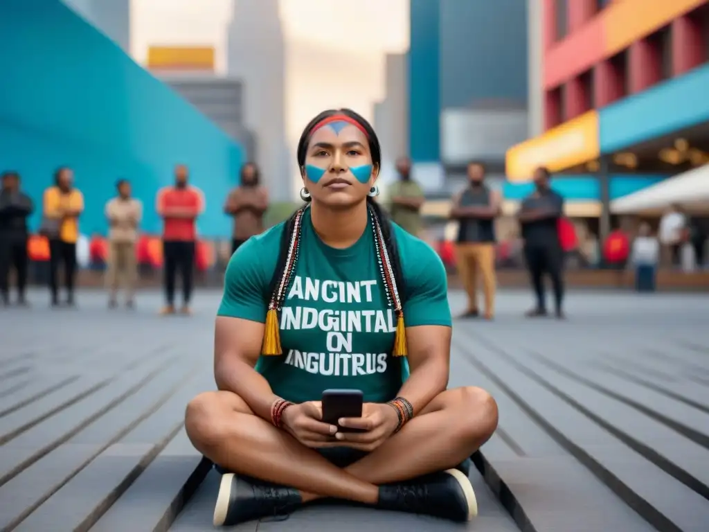 Un activista indígena rodeado de apoyo y empoderamiento en una plaza urbana