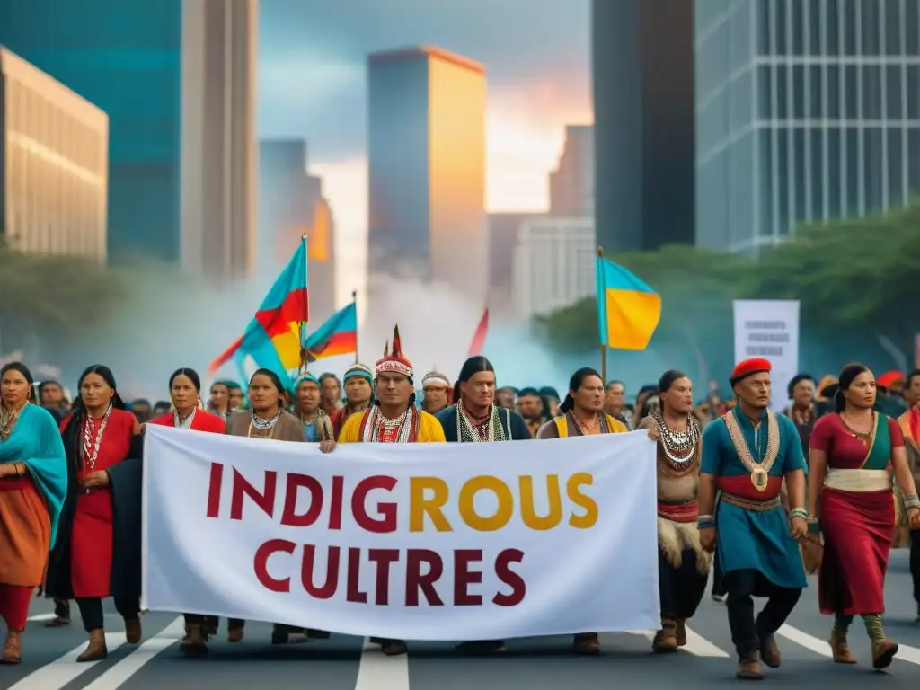 Manifestación de activistas indígenas con pancartas coloridas en la ciudad