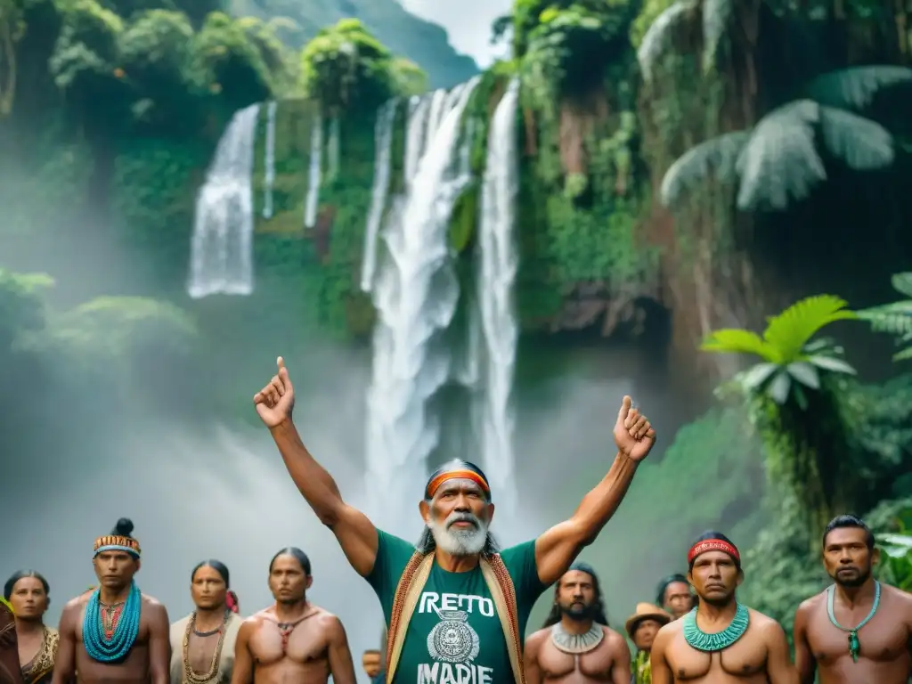 Activistas indígenas en la selva con letrero 'Respeto a la Madre Tierra'