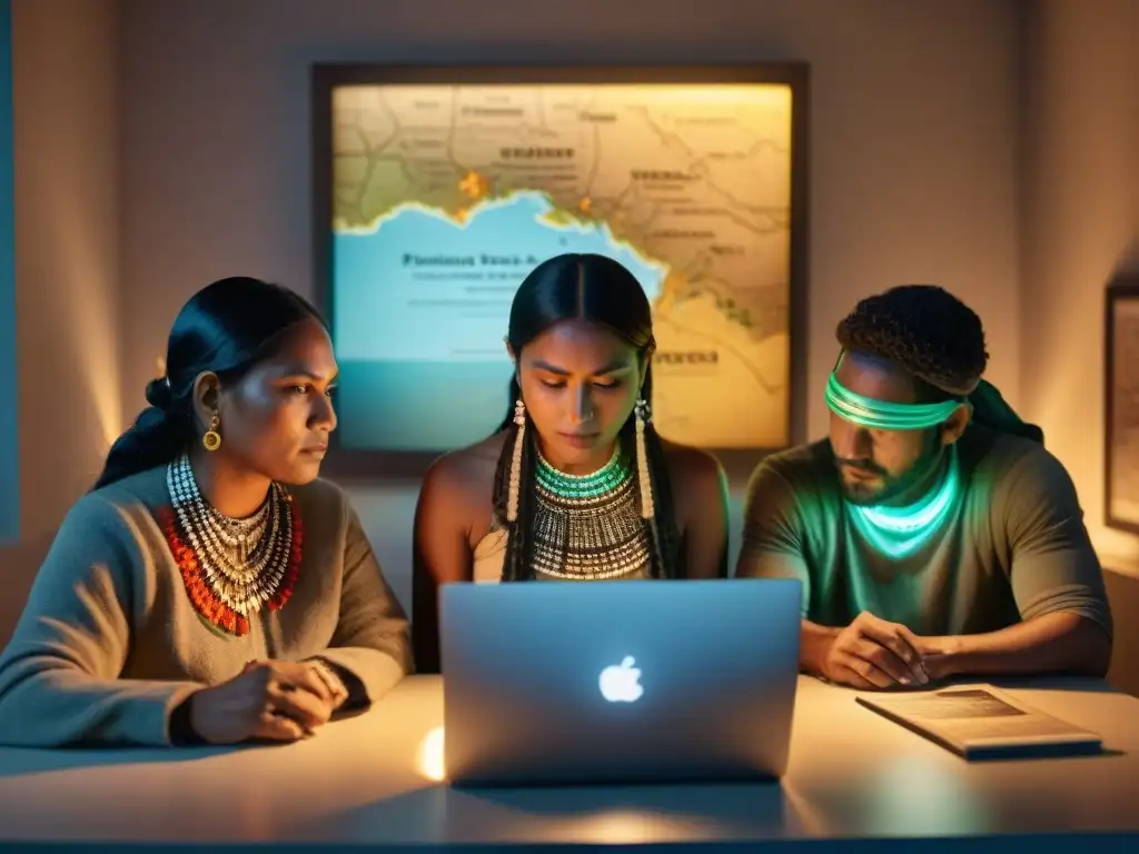 Activistas indígenas unidos frente a laptop en lucha por derechos, entre tradición y tecnología