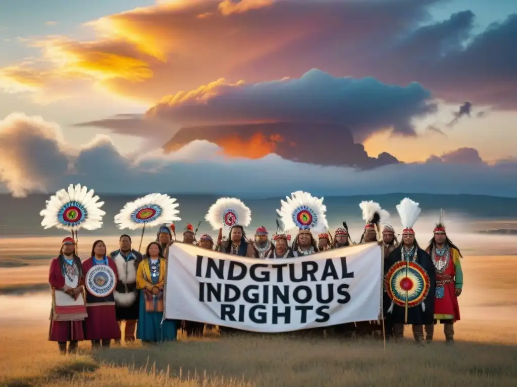 Activistas Sioux en protesta pacífica, unidos bajo el sol poniente en las llanuras