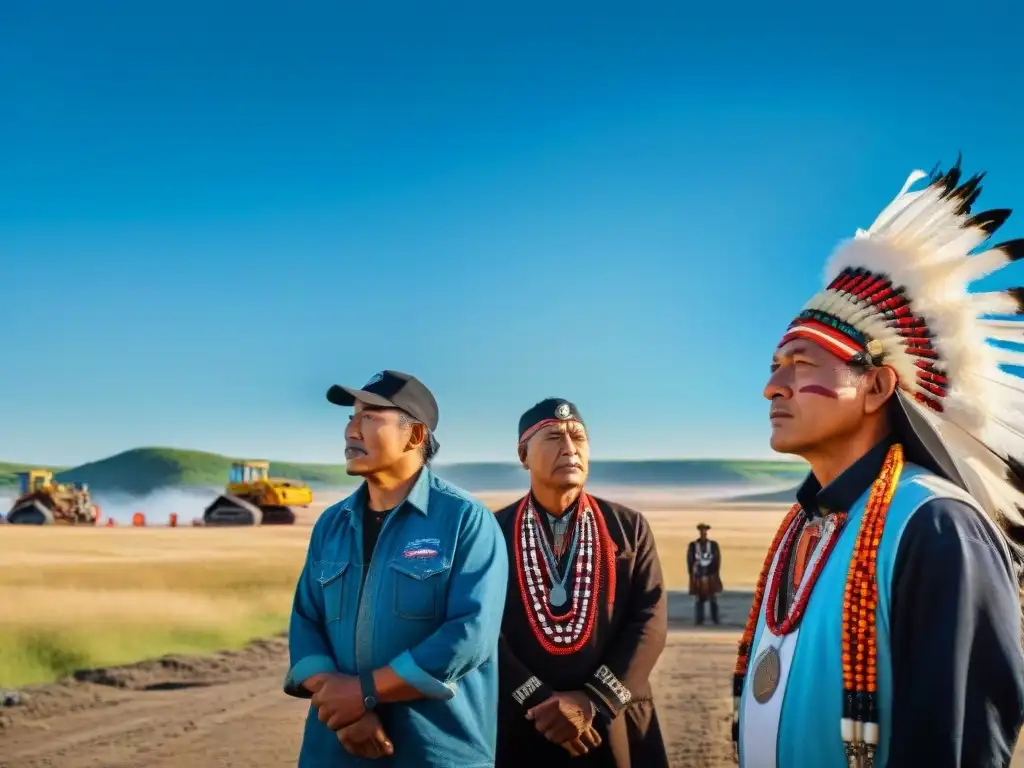 Activistas Sioux desafiantes frente a maquinaria, con atuendos tradicionales y paisaje natural