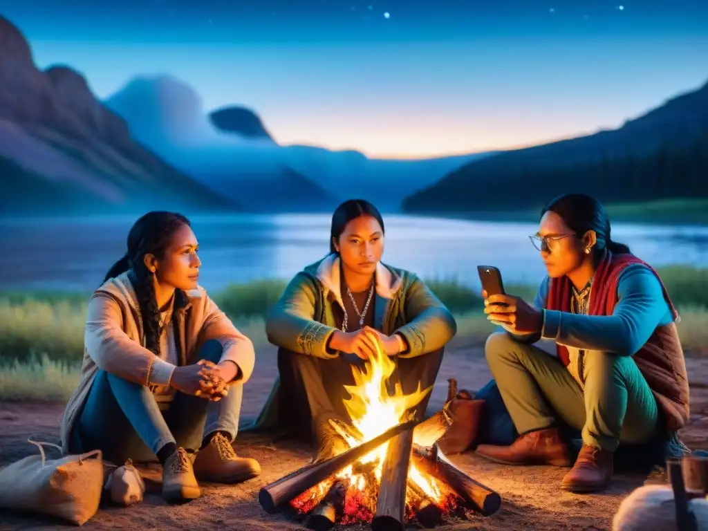 Activistas Sioux reunidos alrededor de una fogata bajo el cielo estrellado, combinando la tradición con el activismo digital