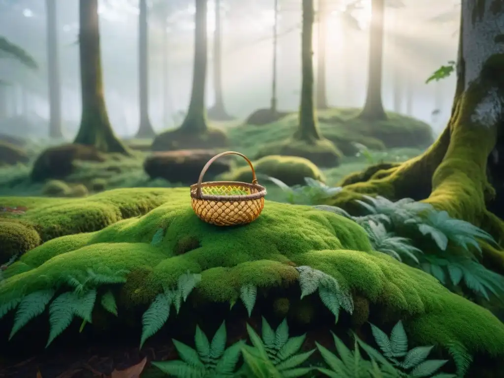 Bosque místico al amanecer: cesta tejida entre árboles ancestrales Adaptaciones contemporáneas cuentos indígenas folklore: Bosque místico con cesta en musgo y figuras indígenas entre la niebla al amanecer