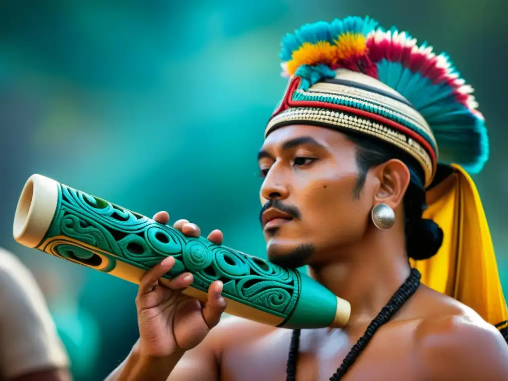 Un aerófono indígena en Mesoamérica bellamente tallado con símbolos culturales, reflejando la rica herencia de los pueblos originarios