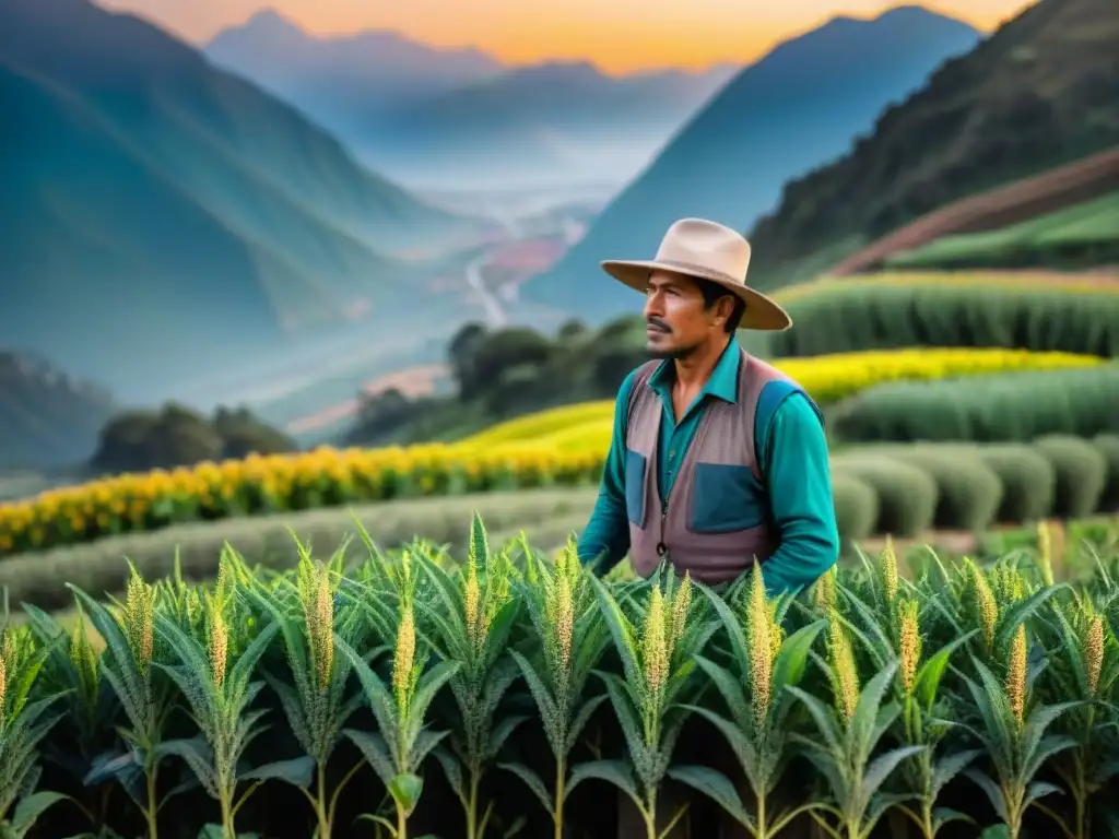 Campesino andino inspecciona quinoa al atardecer Un agricultor andino monitorea sus cultivos ancestrales, con el sol poniéndose sobre las majestuosas montañas
