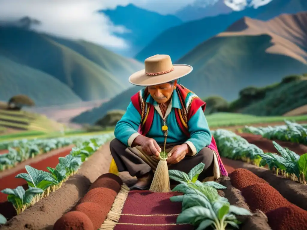 Un agricultor andino planta quinua en tierra fértil ante majestuosas montañas nevadas