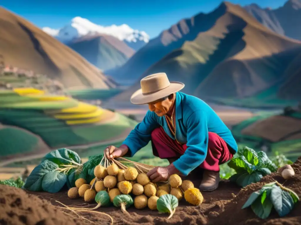 Un agricultor andino cosechando raíces de maca en los Andes, resaltando los Beneficios de la maca andina en un paisaje impresionante