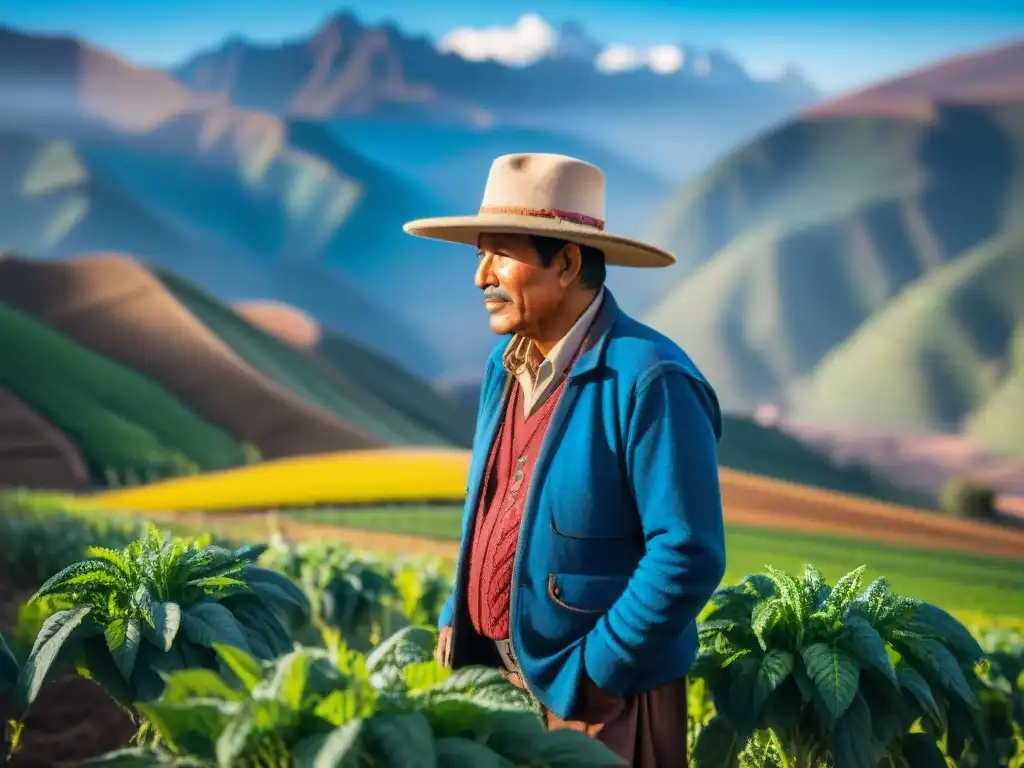 Campesino andino con IoT monitorea cultivos ancestrales en los Andes Un agricultor andino tradicional monitorea cultivos ancestrales con IoT en campos de alta altitud