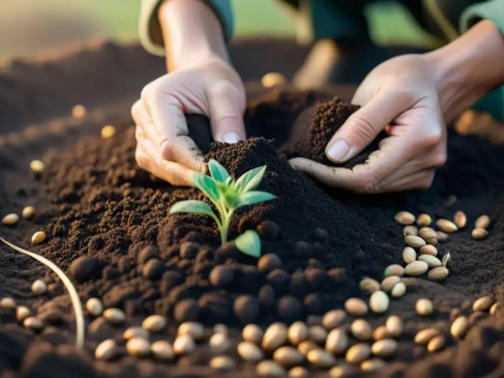 Un agricultor planta con cuidado semillas de alimentos ancestrales en tierra oscura, promoviendo el comercio justo