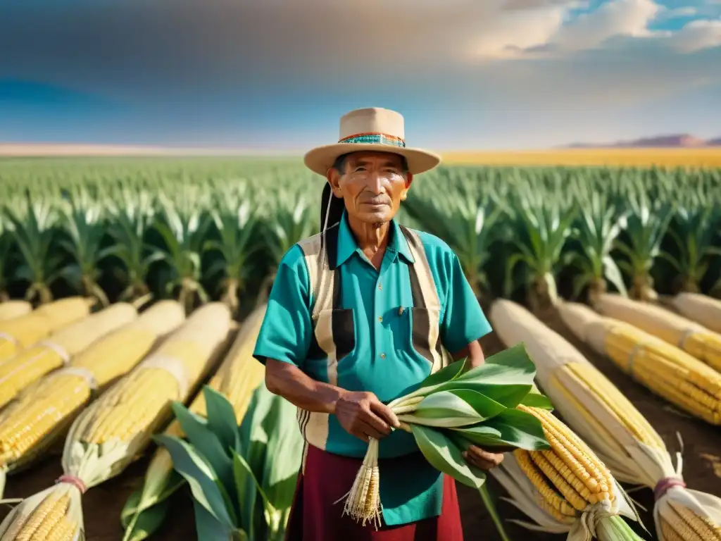 Un agricultor Hopi en su atuendo tradicional cultiva campos de maíz vibrantes, fusionando la agricultura tradicional Hopi con la economía moderna