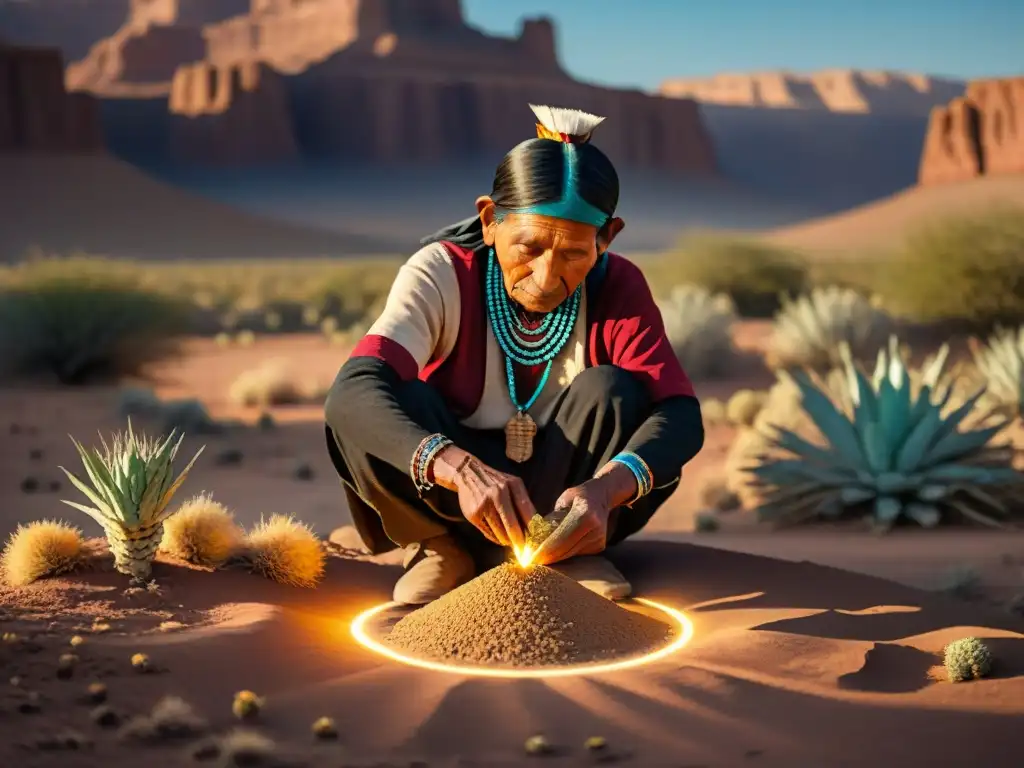 Un agricultor Hopi plantando maíz con técnicas ancestrales en un paisaje desértico, fusionando tradición y modernidad