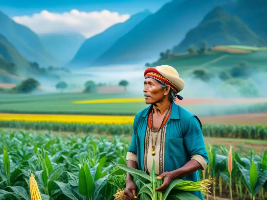 Un agricultor indígena cuidando con amor su campo, rodeado de cultivos diversos en armonía con la naturaleza