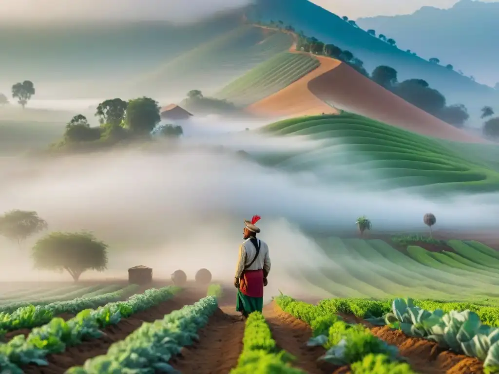 Un agricultor indígena en un campo verde con captura de niebla para agricultura, contrastando tradición y tecnología