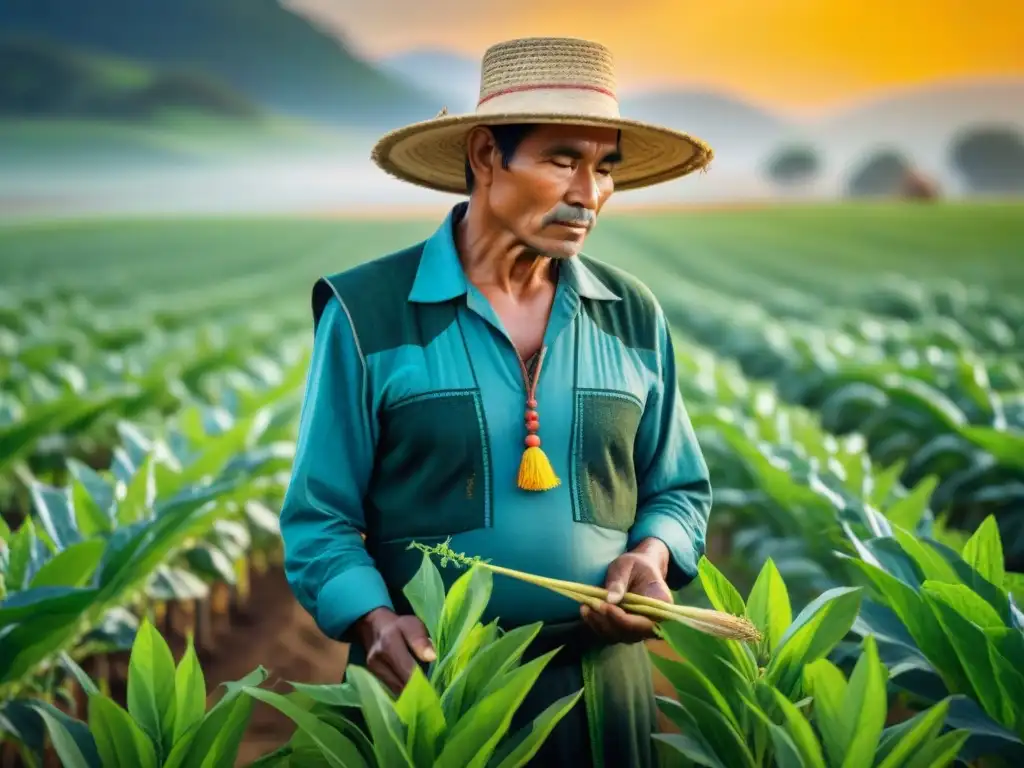 Guardián ancestral de cultivos: tradición e innovación en armonía Un agricultor indígena cuida sus cultivos ancestrales con tecnología IoT