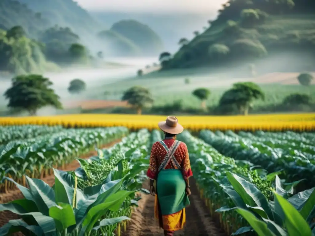 Un agricultor indígena inspecciona cultivos en un campo exuberante bajo el sol brillante, con técnicas ancestrales de Manejo indígena de plagas