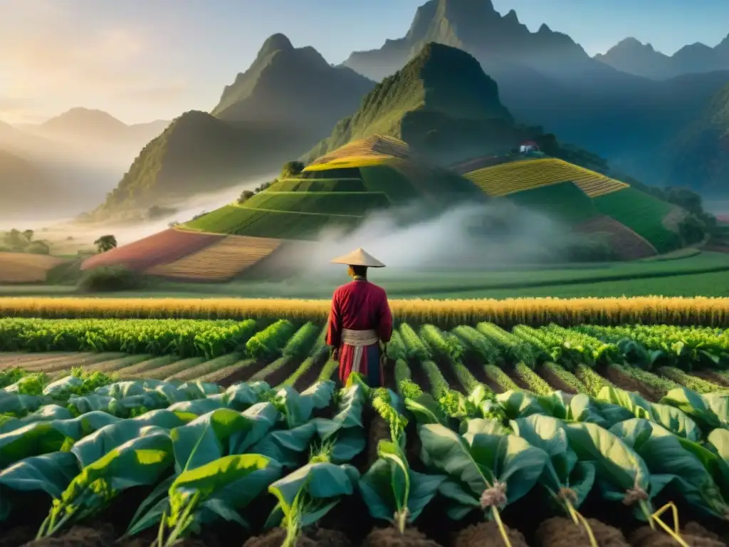 Un agricultor indígena inspecciona sus cultivos al amanecer, destacando el manejo indígena de plagas en un entorno vibrante y sostenible