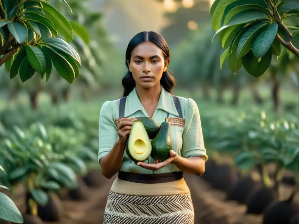 Un agricultor indígena cuida con esmero un exuberante huerto de aguacates al amanecer