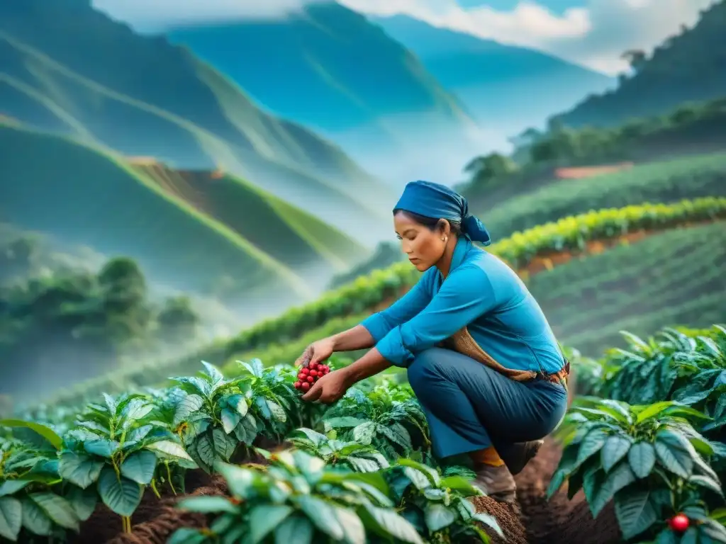 Un agricultor indígena experto cosechando café en un entorno montañoso, honrando las transformaciones agrícolas en territorios indígenas