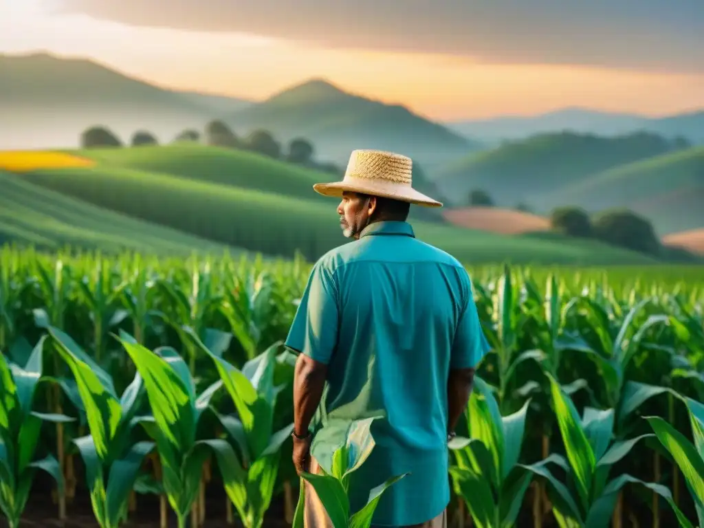 Un agricultor indígena experto rescata variedades de maíz antiguas al amanecer en un campo exuberante