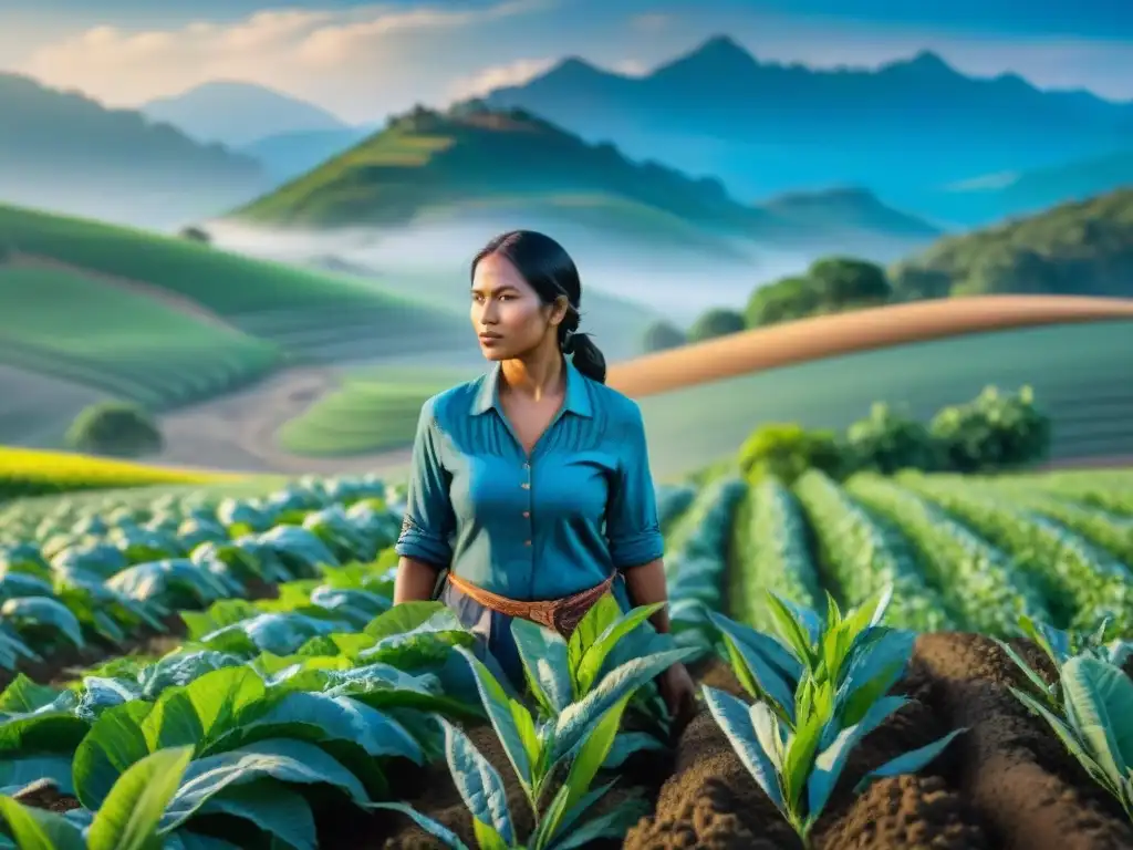 Un agricultor indígena en armonía con la naturaleza, practicando técnicas ancestrales de siembra en campos verdes