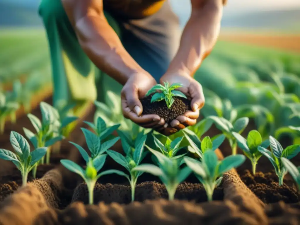 Un agricultor indígena planta semillas ancestrales en un campo exuberante, resaltando prácticas agrícolas sostenibles