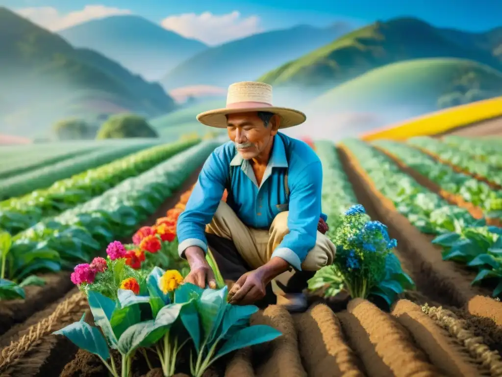 Un agricultor indígena planta semillas en un campo soleado, rodeado de cultivos verdes y flores coloridas, destacando prácticas agrícolas indígenas