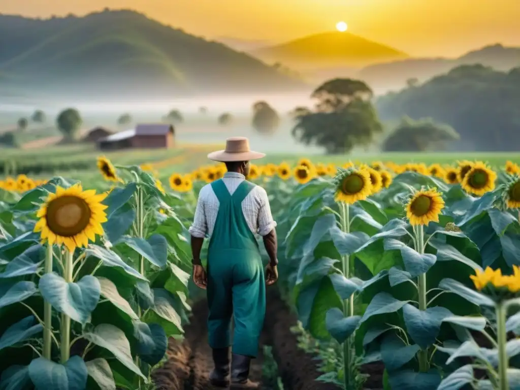 Un agricultor indígena cultiva policultivos en un campo biodiverso, mostrando la armonía entre las plantas