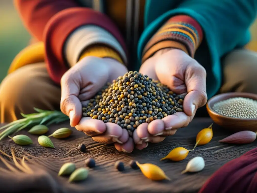 Un agricultor indígena seleccionando semillas ancestrales, resaltando la importancia de prácticas agrícolas sostenibles