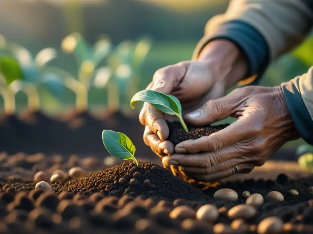 Un agricultor indígena siembra semillas ancestrales con cuidado en la tierra, resaltando la sostenibilidad y prácticas agrícolas