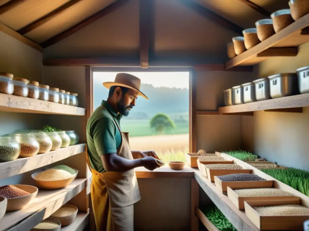 Un agricultor indígena selecciona semillas en una cabaña de madera, mostrando la conexión entre agrobiodiversidad en culturas indígenas