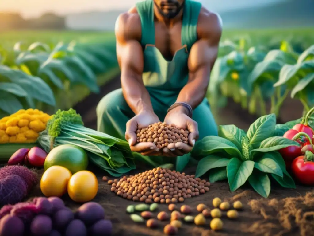 Un agricultor indígena cuidadosamente seleccionando y guardando semillas en un campo de agrobiodiversidad, conectado con la tierra al atardecer