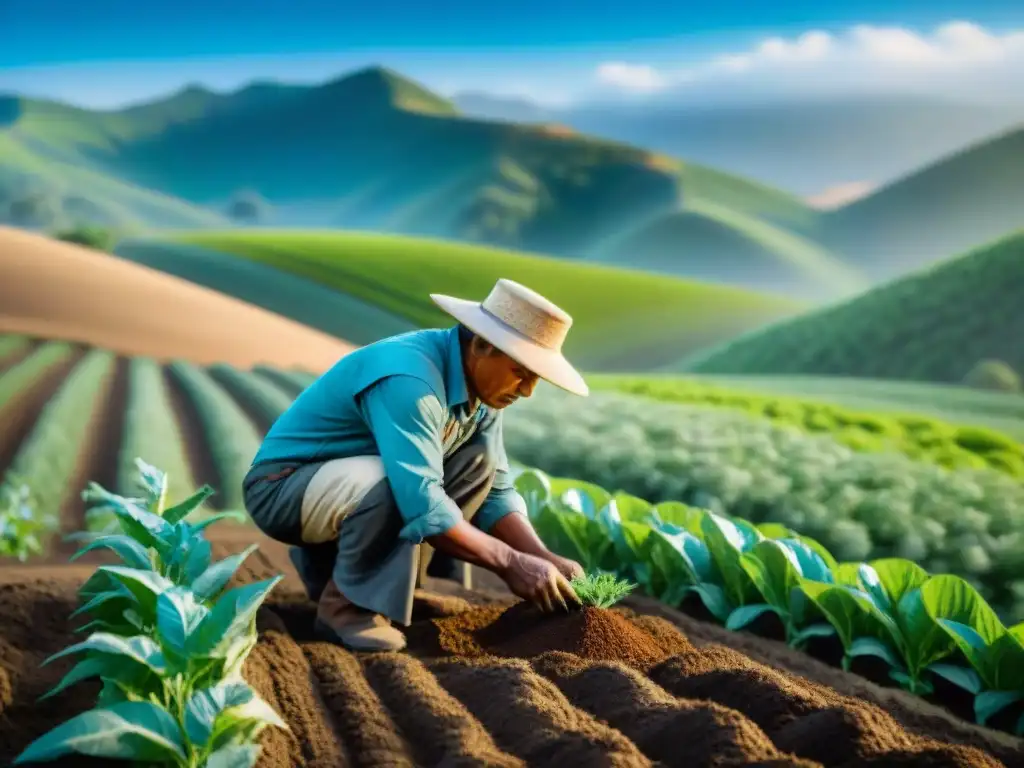 Un agricultor indígena sowing seeds en suelo fértil, rodeado de cultivos verdes