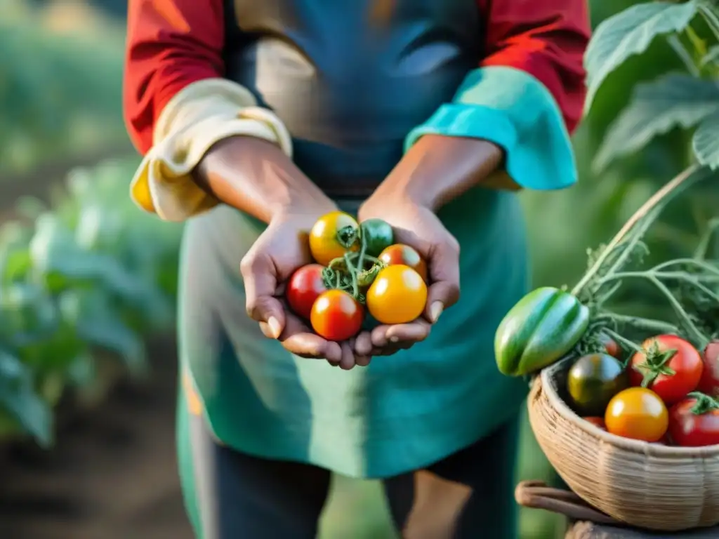 Un agricultor indígena sostiene tomates coloridos, conectando con la tierra