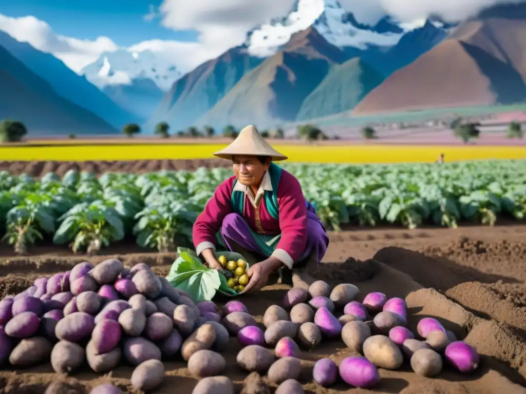 Un agricultor peruano cosechando papas moradas en los Andes, mostrando la conexión con las Variedades de papa nativa