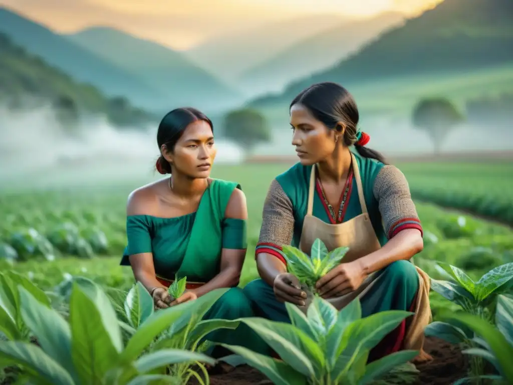 Agricultura indígena enfrentando el cambio climático: manos expertas siembran semillas con cuidado en un campo verde y soleado