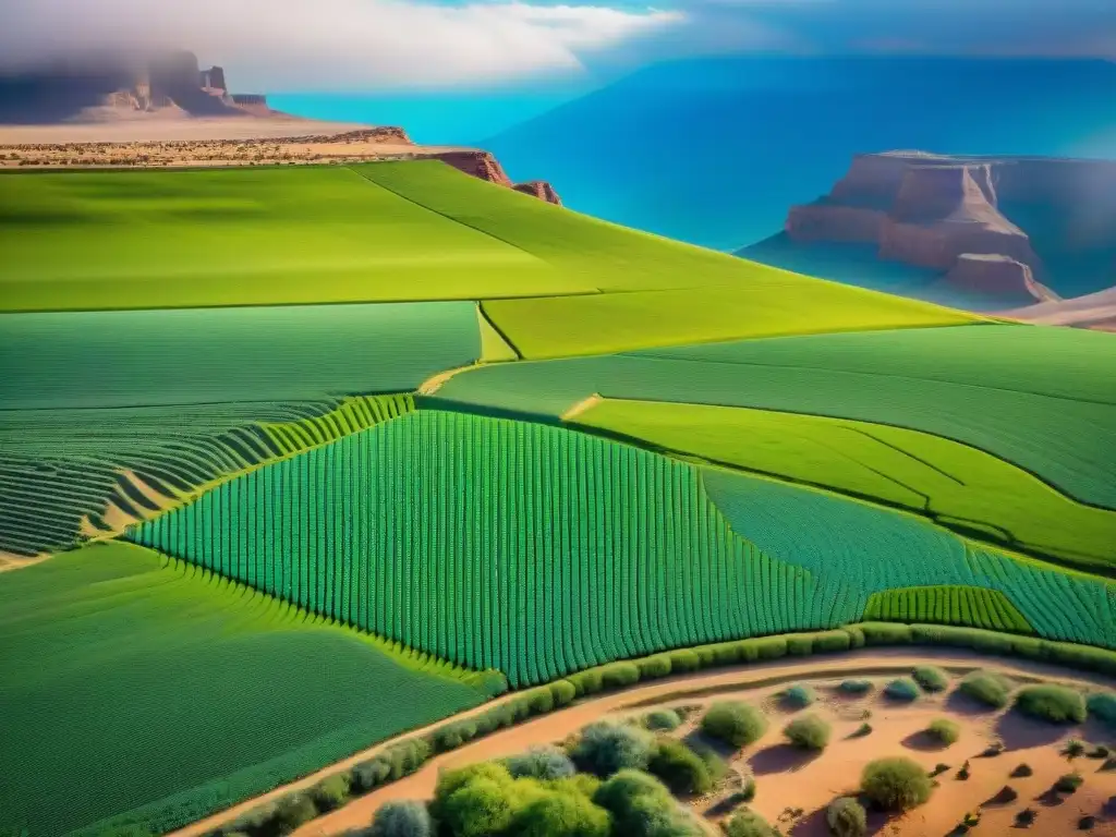 Agricultura tradicional Hopi: terrazas verdes en desierto con agricultores en atuendo tradicional bajo cielo azul