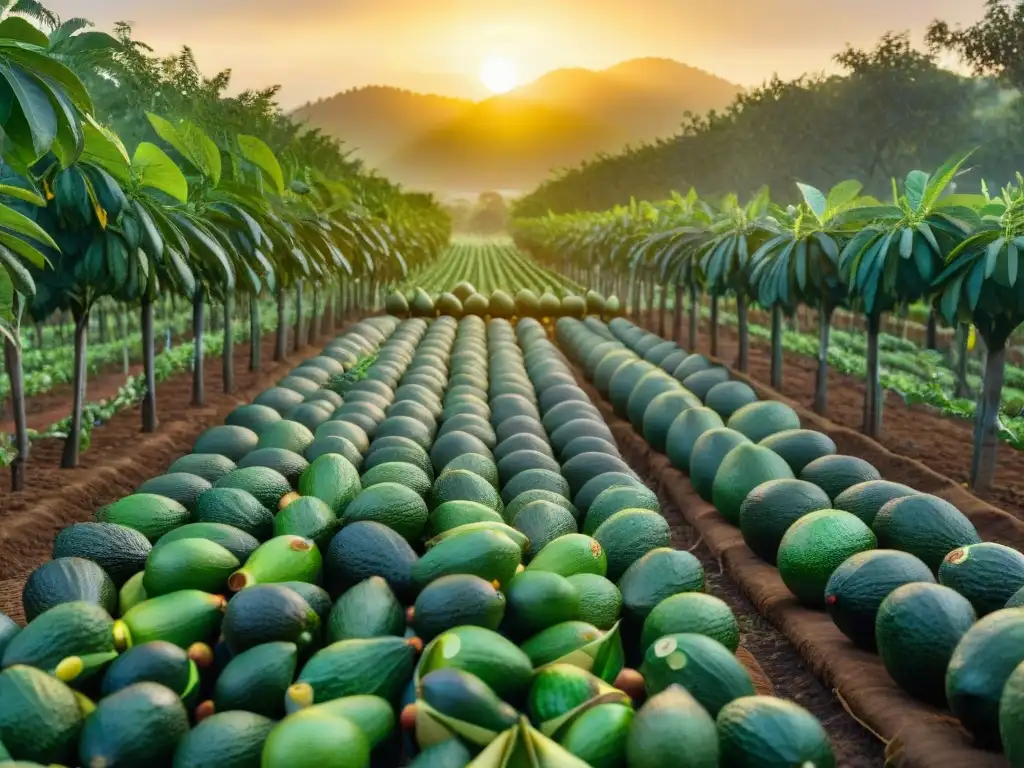 Plantación de aguacates al amanecer, con frutos maduros y trabajadores cosechando